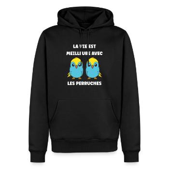 Oiseaux perruches humour petite perruche - Sweat à capuche Premium bio Homme - noir - Devant - Nico (187cm)