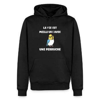 Oiseaux perruches humour petite perruche - Sweat à capuche Premium bio Homme - noir - Devant - Nico (187cm)