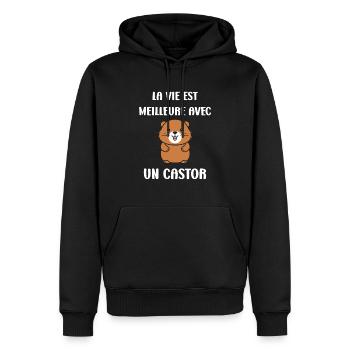 Humour petit castor - Sweat à capuche Premium bio Homme - noir - Devant - Nico (187cm)