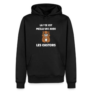 Humour petit castor - Sweat à capuche Premium bio Homme - noir - Devant - Nico (187cm)