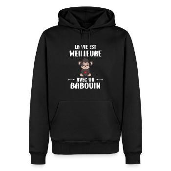 Humour petit singe babouin - Sweat à capuche Premium bio Homme - noir - Devant - Nico (187cm)