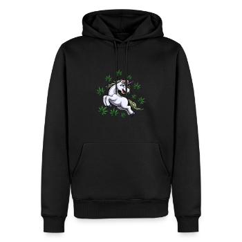 Einhorn im Hanfblätterregen - Männer Premium Bio Hoodie - Schwarz - Vorne - Nico (187cm)