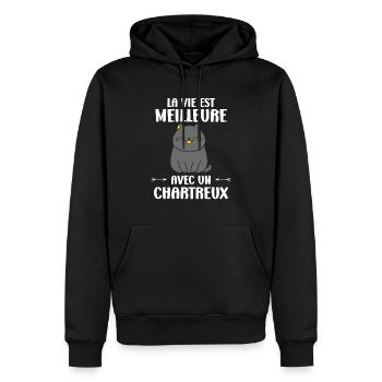 Humour chat chartreux - Sweat à capuche Premium bio Homme - noir - Devant - Nico (187cm)
