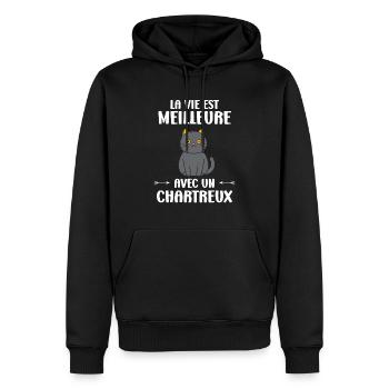 Humour chat chartreux - Sweat à capuche Premium bio Homme - noir - Devant - Nico (187cm)