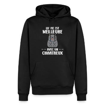 Humour chat chartreux - Sweat à capuche Premium bio Homme - noir - Devant - Nico (187cm)