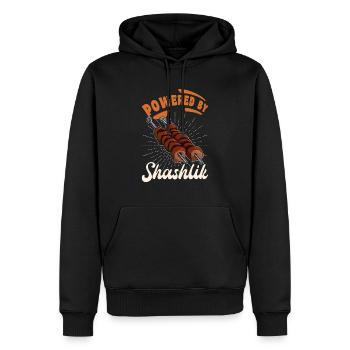 Powered by Shashlik Russia Meat Grilling - Men’s Premium Organic Hoodie - black - Front - Nico (187cm)