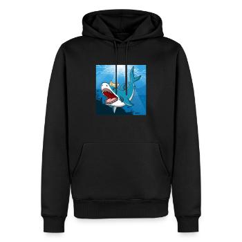 Le chat mord le requin mégalodon - Sweat à capuche Premium bio Homme - noir - Devant - Nico (187cm)