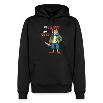 NO KNIVES NO CUTS - Männer Premium Bio Hoodie - Schwarz - Vorne - Nico (187cm)