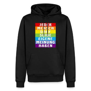 JEDER MENSCH DARF SEINE EIGENE MEINUNG HABEN - Männer Premium Bio Hoodie - Schwarz - Vorne - Nico (187cm)