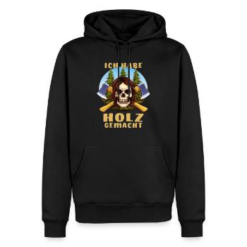 SCHÄDEL AXT ICH HABE HOLZ GEMACHT - Männer Premium Bio Hoodie - Schwarz - Vorne - Nico (187cm)