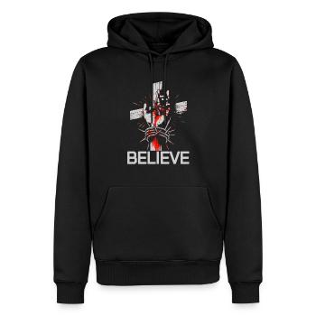 Jesus - Believe: Starkes Glaubens-Design - Männer Premium Bio Hoodie - Schwarz - Vorne - Nico (187cm)