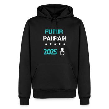 tétine Futur parrain 2025 annonce grossesse - Sweat à capuche Premium bio Homme - noir - Devant - Nico (187cm)