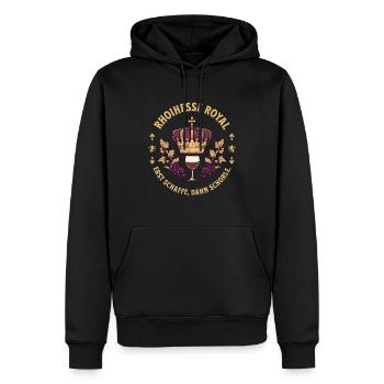 Rheinhessen Royal – Erst schaffe, dann Schorle - Männer Premium Bio Hoodie - Schwarz - Vorne - Nico (187cm)