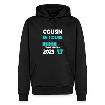 cousin en cours 2025 cadeau annonce grossesse - Sweat à capuche Premium bio Homme - noir - Devant - Nico (187cm)