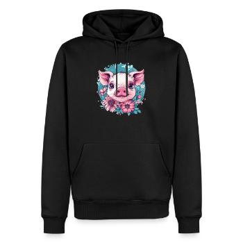 Rosa Schweinchen mit Blumen - Männer Premium Bio Hoodie - Schwarz - Vorne - Nico (187cm)