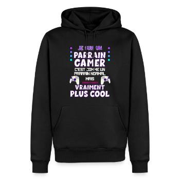 Parrain gamer Humour Jeux Video Tonton - Sweat à capuche Premium bio Homme - noir - Devant - Nico (187cm)