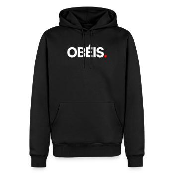 OBÉIS | Expression humour minimaliste - Sweat à capuche Premium bio Homme - noir - Devant - Nico (187cm)