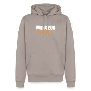 Monsieur Raclette Idée Cadeau Homme Humour Fromage - Sweat à capuche Premium bio Homme - taupe - Devant - Nico (187cm)
