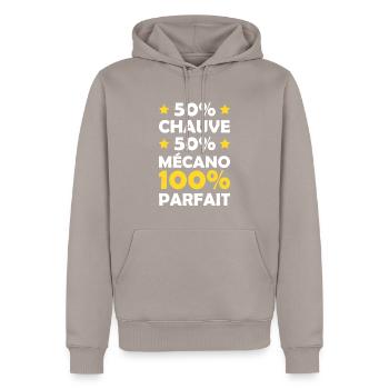 50% Chauve 50% Mécano 100% Parfait - Sweat à capuche Premium bio Homme - taupe - Devant - Nico (187cm)