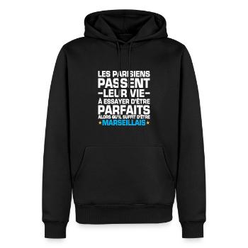 Marseille Paris Rivalité Marseillais Parisien - Sweat à capuche Premium bio Homme - noir - Devant - Nico (187cm)