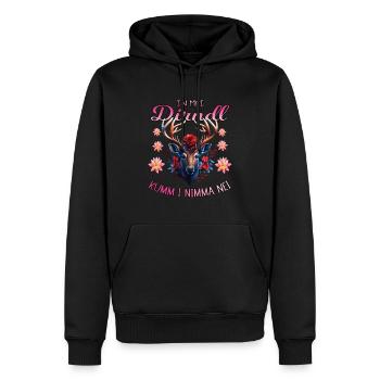 Trachtenshirt Damen In mei Dirndl kumm i nimma nei - Männer Premium Bio Hoodie - Schwarz - Vorne - Nico (187cm)