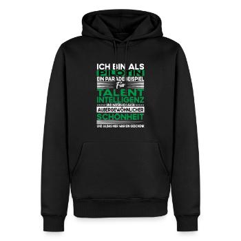 Pilotin Bescheiden - Lustiger Spruch - Männer Premium Bio Hoodie - Schwarz - Vorne - Nico (187cm)