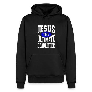 Jesus Ultimate Deadlifter Workout Christian Gym - Men’s Premium Organic Hoodie - black - Front - Nico (187cm)