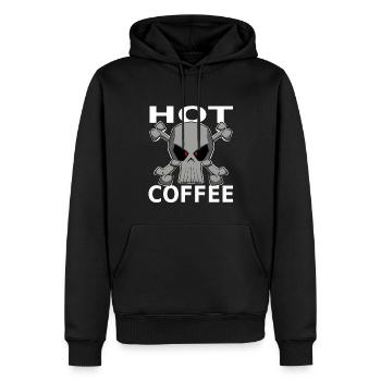 HOT COFFEE, lustige Bilder, Totenkopf Kaffee - Männer Premium Bio Hoodie - Schwarz - Vorne - Nico (187cm)