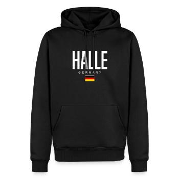 Halle - Männer Premium Bio Hoodie - Schwarz - Vorne - Nico (187cm)