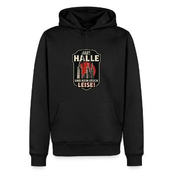 Aus Halle – Und kein Stück leise | Wappen-Shirt fü - Männer Premium Bio Hoodie - Schwarz - Vorne - Nico (187cm)
