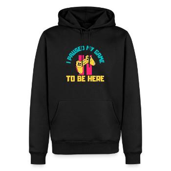 J’ai mis mon jeu en pause pour être ici - Sweat à capuche Premium bio Homme - noir - Devant - Nico (187cm)