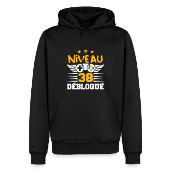 Niveau 38 Débloqué, cadeau de joueur - Sweat à capuche Premium bio Homme - noir - Devant - Nico (187cm)