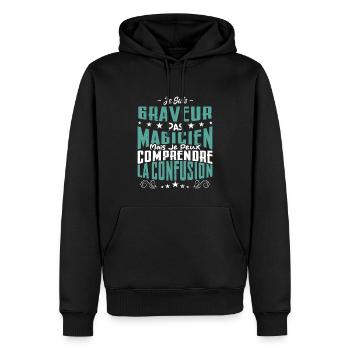 Je Suis Graveur Pas Magicien - Sweat à capuche Premium bio Homme - noir - Devant - Nico (187cm)