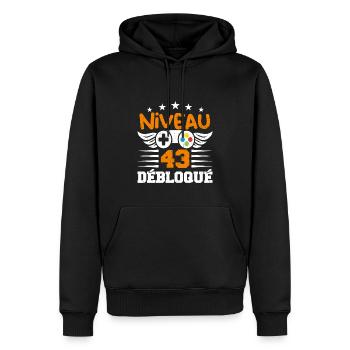 Niveau 43 débloqué - idée cadeau anniversaire - Sweat à capuche Premium bio Homme - noir - Devant - Nico (187cm)