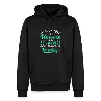 Anniversaire Homme - Né le 29 Janvier - Sweat à capuche Premium bio Homme - noir - Devant - Nico (187cm)
