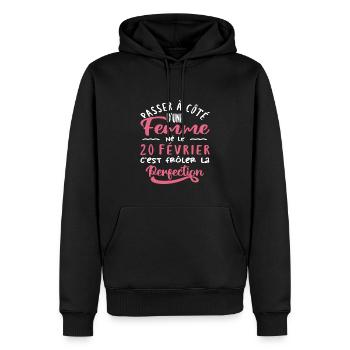 Anniversaire Femme - Né le 20 Février - Sweat à capuche Premium bio Homme - noir - Devant - Nico (187cm)