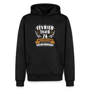 Vintage Cadeau Février 1949, 74 Ans Anniversaire - Sweat à capuche Premium bio Homme - noir - Devant - Nico (187cm)