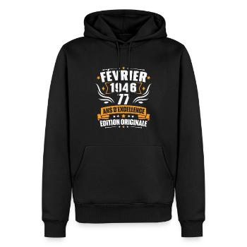 Vintage Cadeau Février 1946, 77 Ans Anniversaire - Sweat à capuche Premium bio Homme - noir - Devant - Nico (187cm)