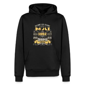 Anniversaire Vintage Né(e) en Mai 1992 - Sweat à capuche Premium bio Homme - noir - Devant - Nico (187cm)