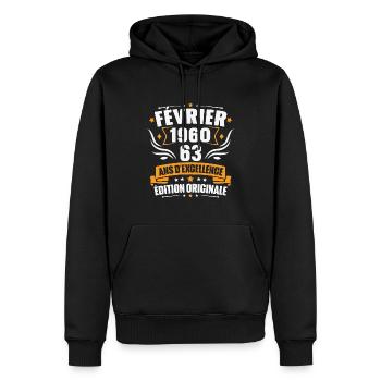 Vintage Cadeau Février 1960, 63 Ans Anniversaire - Sweat à capuche Premium bio Homme - noir - Devant - Nico (187cm)