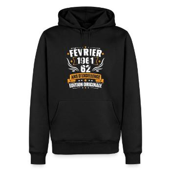 Vintage Cadeau Février 1961, 62 Ans Anniversaire - Sweat à capuche Premium bio Homme - noir - Devant - Nico (187cm)