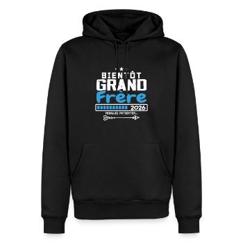 Bientôt Grand Frère 2026 - Futur grand-frère - Sweat à capuche Premium bio Homme - noir - Devant - Nico (187cm)