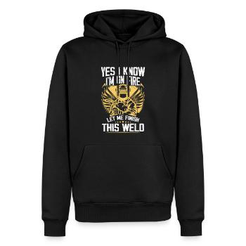 Ja, ich weiß, dass ich in Flammen stehe, lass mich diese Schweißnaht beenden - Männer Premium Bio Hoodie - Schwarz - Vorne - Nico (187cm)