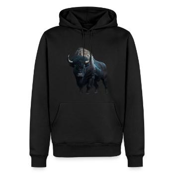Bison schwarz Büffel mit Blitzen und Donner stark - Männer Premium Bio Hoodie - Schwarz - Vorne - Nico (187cm)