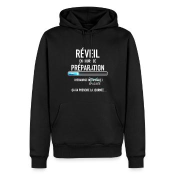 Téléchargement Réveil Difficile Humour Famille - Sweat à capuche Premium bio Homme - noir - Devant - Nico (187cm)