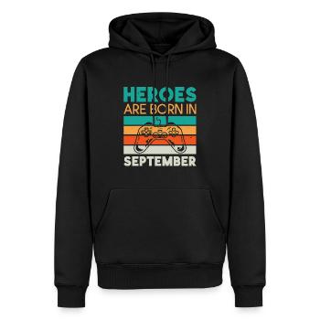 Helden werden im September geboren - Gamer Design - Männer Premium Bio Hoodie - Schwarz - Vorne - Nico (187cm)