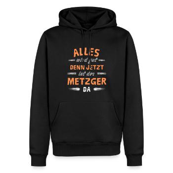 Alles wird gut denn jetzt ist der Metzger da - Männer Premium Bio Hoodie - Schwarz - Vorne - Nico (187cm)