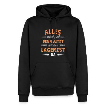 Alles wird gut denn jetzt ist der Lagerist da - Männer Premium Bio Hoodie - Schwarz - Vorne - Nico (187cm)