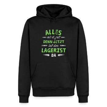 Alles wird gut denn jetzt ist der Lagerist da - Männer Premium Bio Hoodie - Schwarz - Vorne - Nico (187cm)