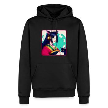 Mignonne anime manga fille avec chats et écouteurs - Sweat à capuche Premium bio Homme - noir - Devant - Nico (187cm)